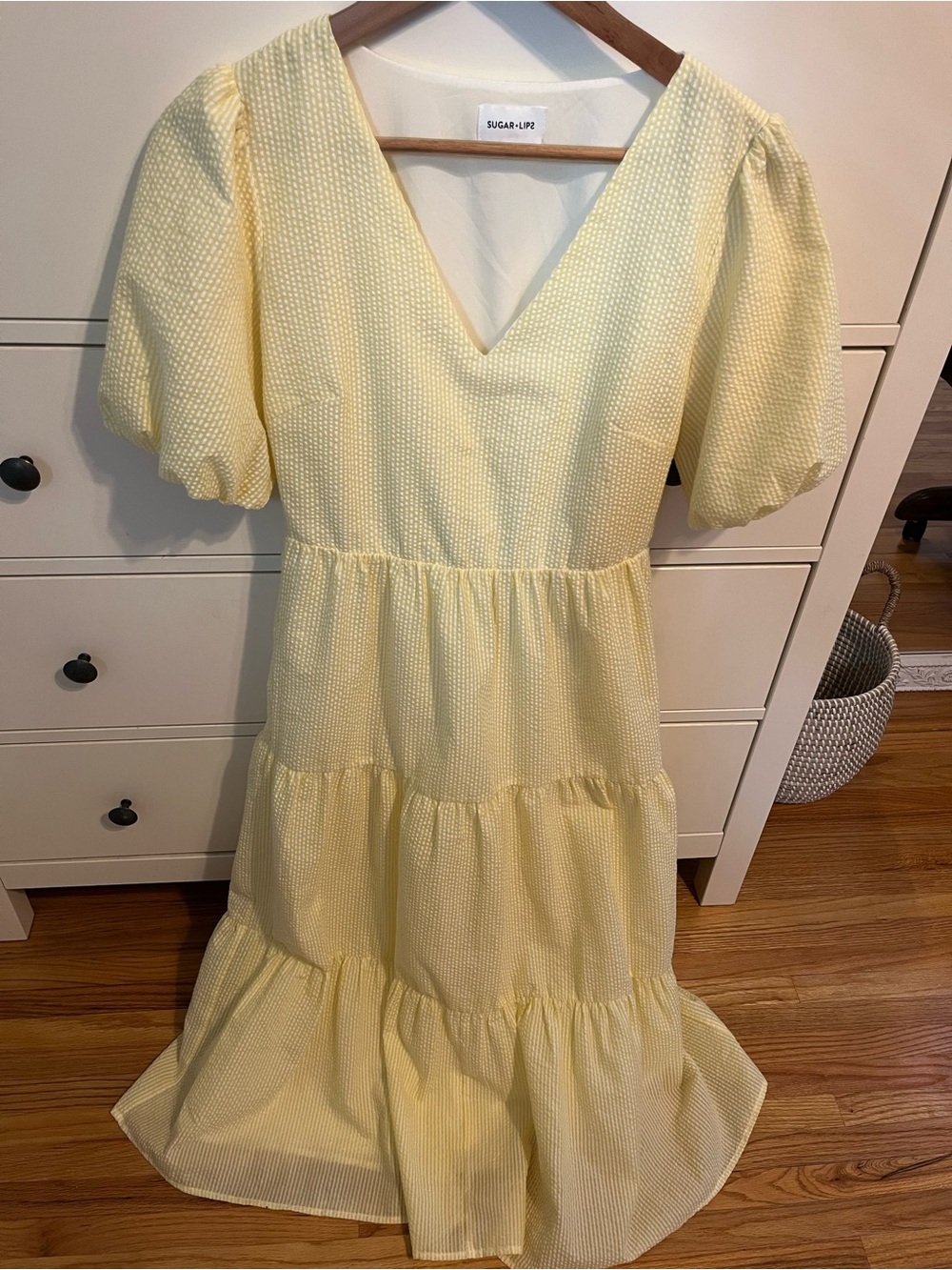 Sugarlips Pale Yellow V-Neck Puff Sleeve Tiered Midi Dress
